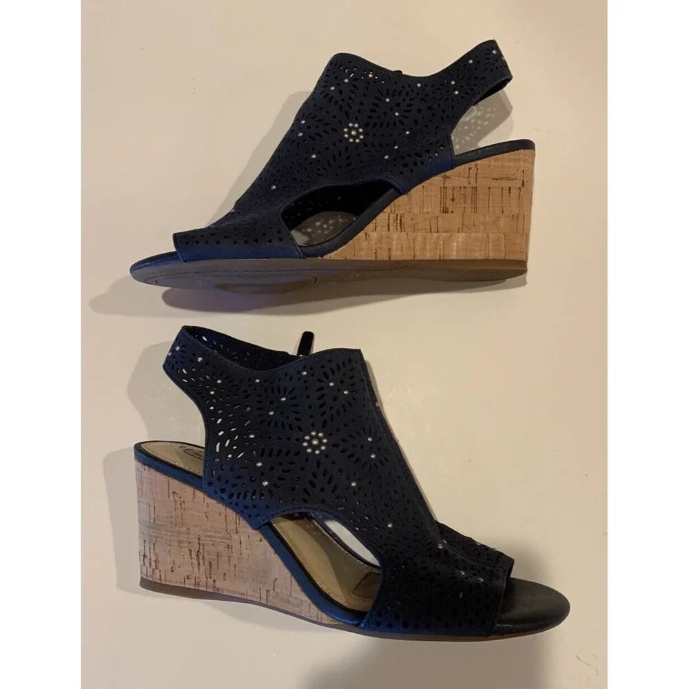 Alex Marie Women’s Sz 6.5 Leather  Cork Wedge Heels Sandals Shoes Navy *READ*